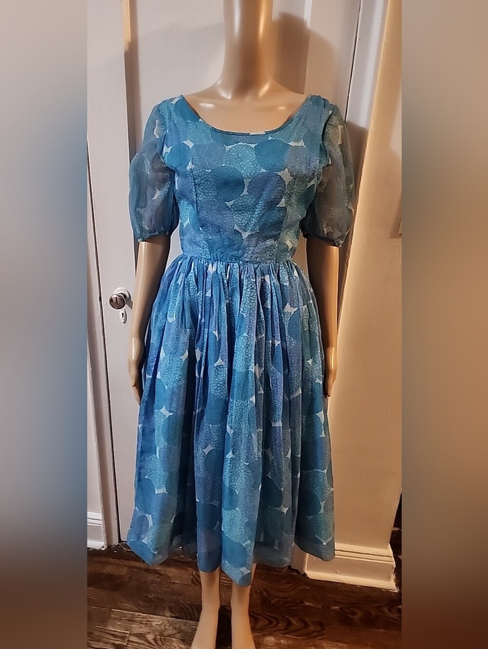 VINTAGE 1960s JONATHAN LOGAN TURQUOISE FLORAL CHIFFON PARTY DRESS  Size XS/3/4/5